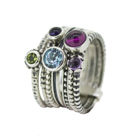 Zilveren ring met verschillende kleurstenen. ref.12197