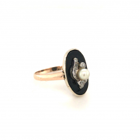 Gouden ring met onix, diamant en parel