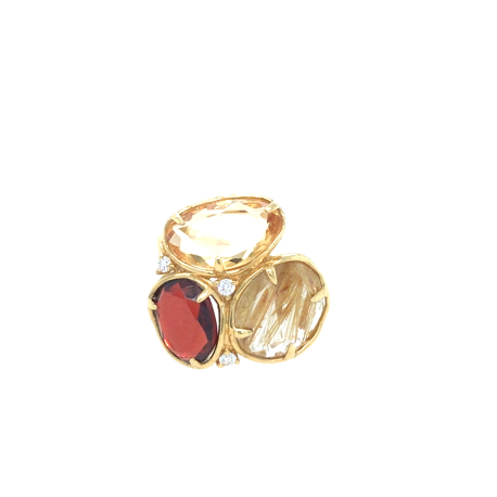 Gouden ring met citrien, rutielkwarts, granaat en drie diamantjes ref. 940100310100012